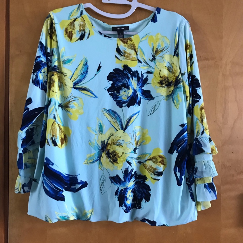 Alfani Floral Ruffle-Sleeve Women’s Top in Light Blue and Yellow